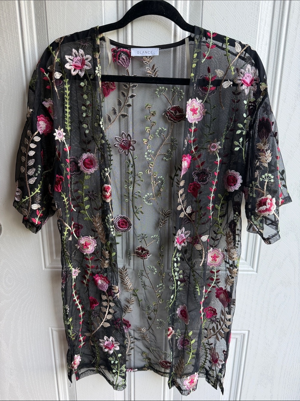 Sheer Floral Embroidered Mesh Kimono Cardigan Boho Duster Size Large